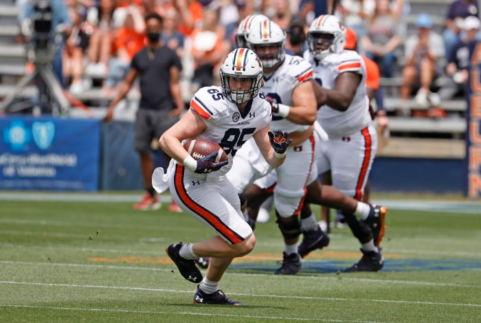 Apr 17, 2021; Auburn, Alabama, USA; Auburn Tigers tight end Tyler Fromm (85) during the first quarter of the spring game at Jordan-Hare Stadium. Mandatory Credit: John Reed-USA TODAY Sports